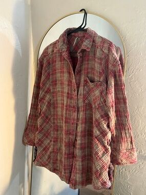 Free People Red and Gray Plaid Lightweight Scarf